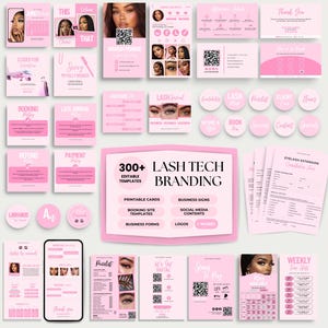 Peut inclure: Ensemble de modèles de branding rose pour techniciennes en cils, comprenant des cartes de visite, du contenu pour les réseaux sociaux et des formulaires de réservation. Le design présente une esthétique épurée et moderne axée sur les extensions de cils.