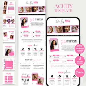 May include: Aesthetician website template in pink and white. The design includes Instagram stories and posts, booking policies, and editable banners. Text includes "Glow By Mary" and "Meet Your Esthetician".
