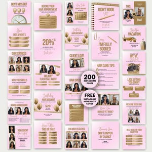 Op de afbeelding: Een verzameling van 200 Instagram-berichtsjablonen met een lichtroze en gouden kleurenschema. De ontwerpen bevatten tekst, illustraties van haar-modellen, kalenders, klokken, ballonnen en vliegtuigen, gerangschikt in een raster voor sociale media.
