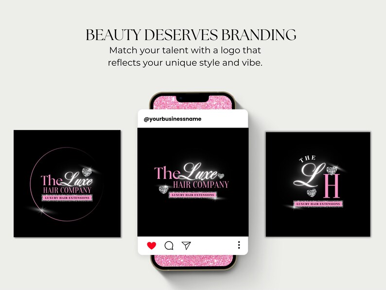Puede incluir: Imagen de marca para un negocio de extensiones de cabello. El dise&ntilde;o presenta tres variaciones de logotipo con el texto "The Luxe Hair Company" en una fuente elegante, con un acento de diamante. Los logotipos se muestran sobre un fondo negro.
