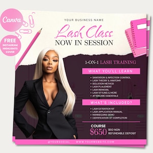Könnte beinhalten: Werbegrafik für einen Wimpernkurs mit einer Frau mit langen blonden Haaren in einem schwarzen Blazer. Der Text lautet "Lash Class Now in Session" und listet Kursdetails auf, darunter "1-ON-1 LASH TRAINING" und "What You'll Learn."