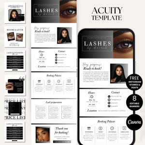 May include: A black and white template for an Acuity scheduling app. The template features a photo of a woman's eye with lashes, the text "LASHES", and the text "Hey gorgeous! Ready to book?" The template also includes sections for hours, contact information, booking policies, and lash preparation. The template is designed for use with Canva.