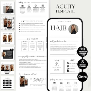 Peut inclure: Un modèle noir et blanc pour un service de réservation en ligne pour les coiffeurs. Le modèle comprend un message de bienvenue, une section pour rencontrer le coiffeur, les heures d'ouverture, les coordonnées, les politiques de réservation et un message de remerciement pour la réservation. Le modèle est conçu pour être utilisé avec la plateforme de planification Acuity.