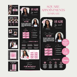Könnte beinhalten: Ein digitales Vorlagenset für Friseurtermine in Schwarz und Pink. Das Design umfasst mehrere quadratische Social-Media-Grafiken, ein langes vertikales Layout und ein Smartphone-Mockup, das die geschäftlichen Informationen anzeigt.