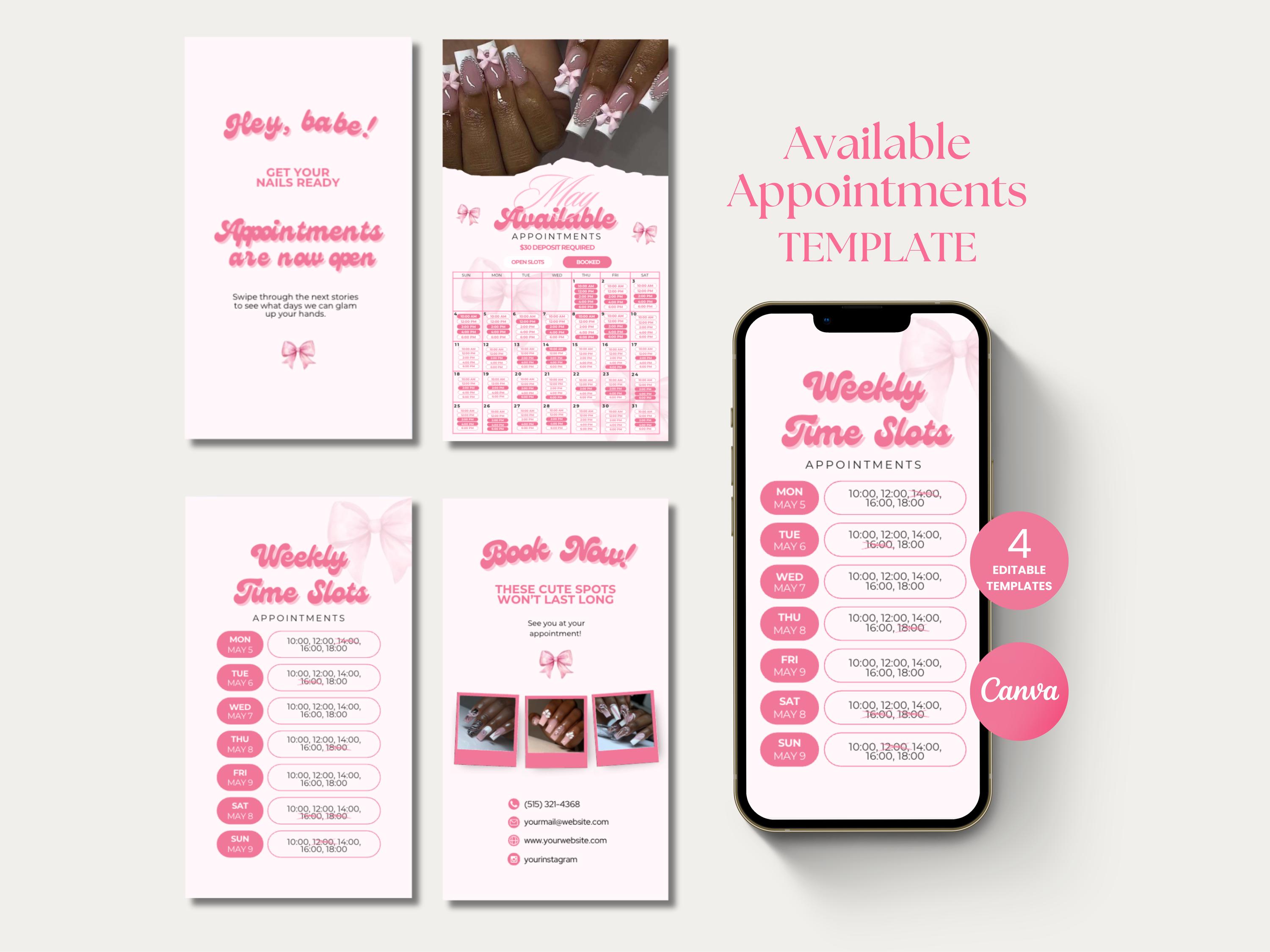 Weekly Available Appointments Template Availability Calendar Instagram Story Availability Schedule Calendar Availability Appointment Story