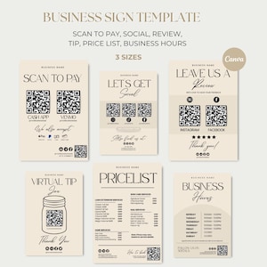 Peut inclure: Un modèle de panneau d'affaires beige avec des options telles que "Scan to Pay", "Let's Get Social" et "Business Hours". Chaque panneau présente un code QR et du texte, avec un logo Canva dans le coin.
