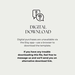 May include: A digital download graphic with the text "DIGITAL DOWNLOAD" in a serif font. The image includes a speech bubble with an exclamation mark and a question mark. Additional text explains how to download the template.