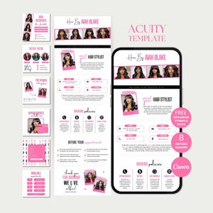 May include: A pink and white Acuity template for a hair stylist, featuring a phone mockup with a website design, Instagram posts, and editable banners. The template includes booking policies and appointment information.