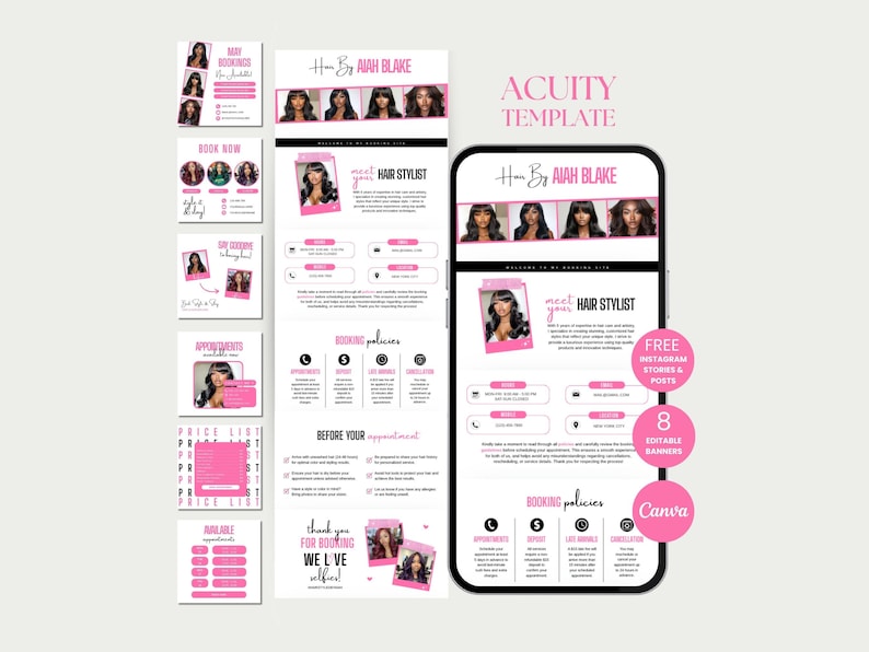 May include: A pink and white Acuity template for a hair stylist, featuring a phone mockup with a website design, Instagram posts, and editable banners. The template includes booking policies and appointment information.