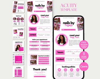 Puede incluir: Plantilla digital rosa y blanca para un salón de uñas, con el texto "nails by Taliah" y una foto de una técnica de uñas. Incluye información de reserva, horarios, datos de contacto y políticas de reserva.