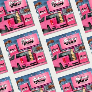May include: A pink pickup truck with a blonde wig in the truck bed, surrounded by pink shopping bags with "Brand Name" text. The image also features the text "Delivery & Pickup".