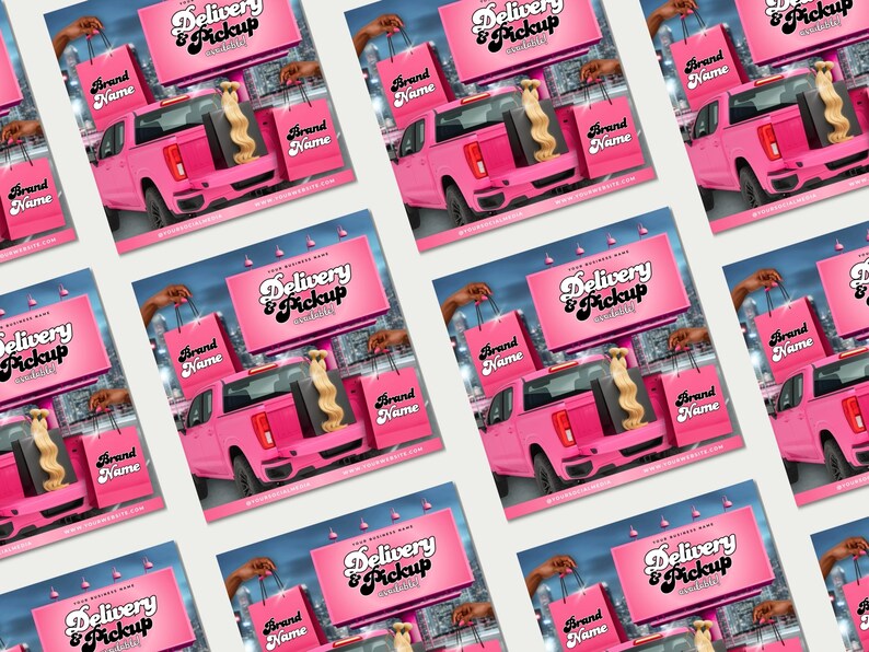 May include: A pink pickup truck with a blonde wig in the truck bed, surrounded by pink shopping bags with "Brand Name" text. The image also features the text "Delivery & Pickup".