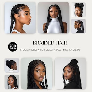 Puede incluir: Una colección de 200 fotos de archivo con mujeres con el pelo trenzado. Las fotos son JPEG de alta calidad, que miden 3277 x 4096 píxeles. Las fotos muestran una variedad de peinados trenzados, incluyendo trenzas box, trenzas africanas y trenzas retorcidas.