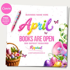 Puede incluir: Gráfico promocional con la palabra "April" en letras coloridas, anunciando la apertura de reservas. El diseño incluye un bolígrafo, huevos de Pascua, una cesta, mariposas y un megáfono. El texto incluye "$XX DEPOSIT REQUIRED".