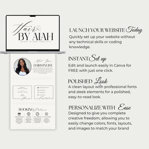 May include: A laptop displays a website template for a hairstylist, featuring the text "Hair by Aiah" and a photo of the stylist. The design includes sections for booking details and contact information, with the tagline "Based in New York City."