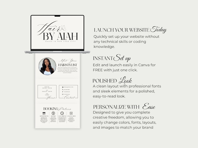 May include: A laptop displays a website template for a hairstylist, featuring the text "Hair by Aiah" and a photo of the stylist. The design includes sections for booking details and contact information, with the tagline "Based in New York City."