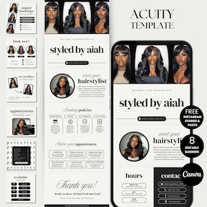 May include: A digital marketing template for a hairstylist, featuring a mobile phone mockup and social media posts. The design is in black and white, with the text "Styled by Aiah" and "Meet your hairstylist". Includes booking information and contact details.