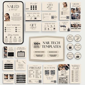 May include: A collection of nail tech templates and business materials in a neutral color palette. Includes a phone screen mockup, business cards, price lists, and social media content templates. The text includes "Nails," "Booking Policies," and "Scan to Pay."