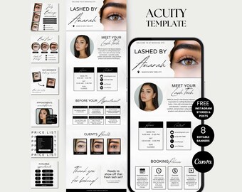 May include: Aesthetic marketing template for lash technicians. The design features a phone mockup and several social media posts. The template includes information about the business, services, and booking details. The color scheme is black and white.