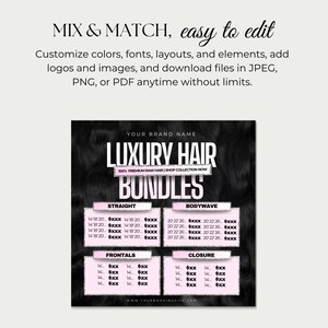 Puede incluir: Un anuncio digital de paquetes de cabello. El texto dice "LUXURY HAIR BUNDLES" con opciones para Straight, Bodywave, Frontals y Closure. El fondo es un patr&oacute;n oscuro y texturizado, y el texto es en blanco y rosa.