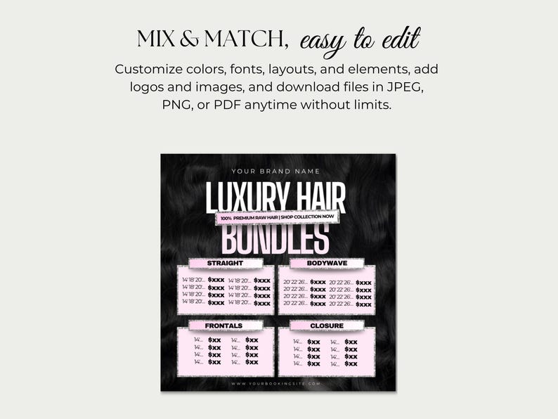 Puede incluir: Un anuncio digital de paquetes de cabello. El texto dice "LUXURY HAIR BUNDLES" con opciones para Straight, Bodywave, Frontals y Closure. El fondo es un patr&oacute;n oscuro y texturizado, y el texto es en blanco y rosa.