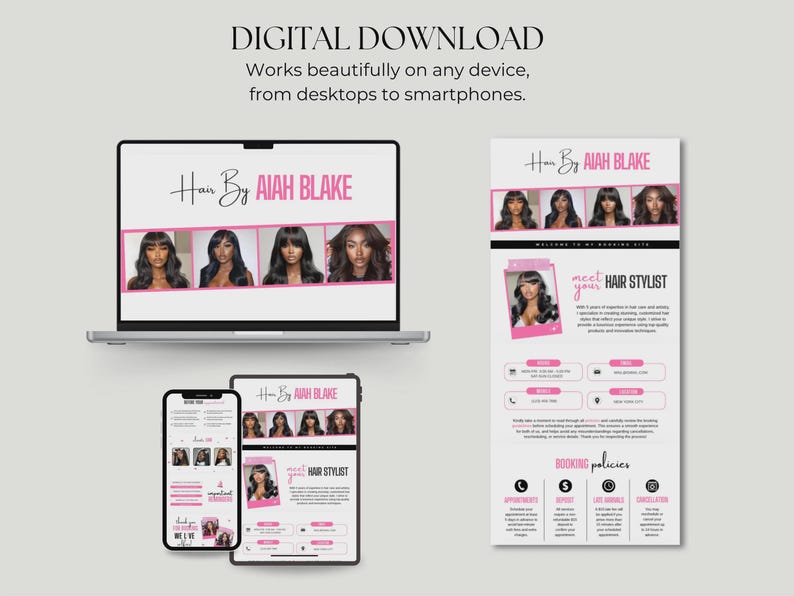 May include: A digital download advertisement for "Hair By Aiah Blake" displayed on a laptop, smartphone, and tablet. The design features a pink and white color scheme with images of hairstyles and the text "DIGITAL DOWNLOAD".