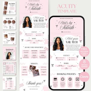 May include: A pink and white Acuity template for a nail salon, featuring a phone mockup with the text "Nails by Taliah." Includes Instagram stories and posts, editable banners, and booking information. The template showcases nail art.