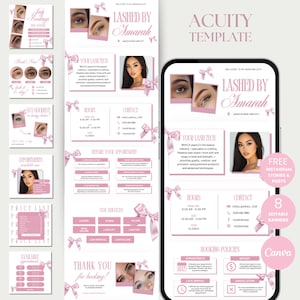 May include: A pink and white digital template for a lash extension business, featuring the text "Lashed by Amarah". The design includes service details, contact information, and booking policies. The template is designed for Instagram and includes editable banners.