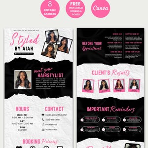 May include: A pink and black Acuity scheduling template with the text "Styled by Aiah." The template includes sections for booking policies, client results, and important reminders. It also features editable banners and Instagram stories.