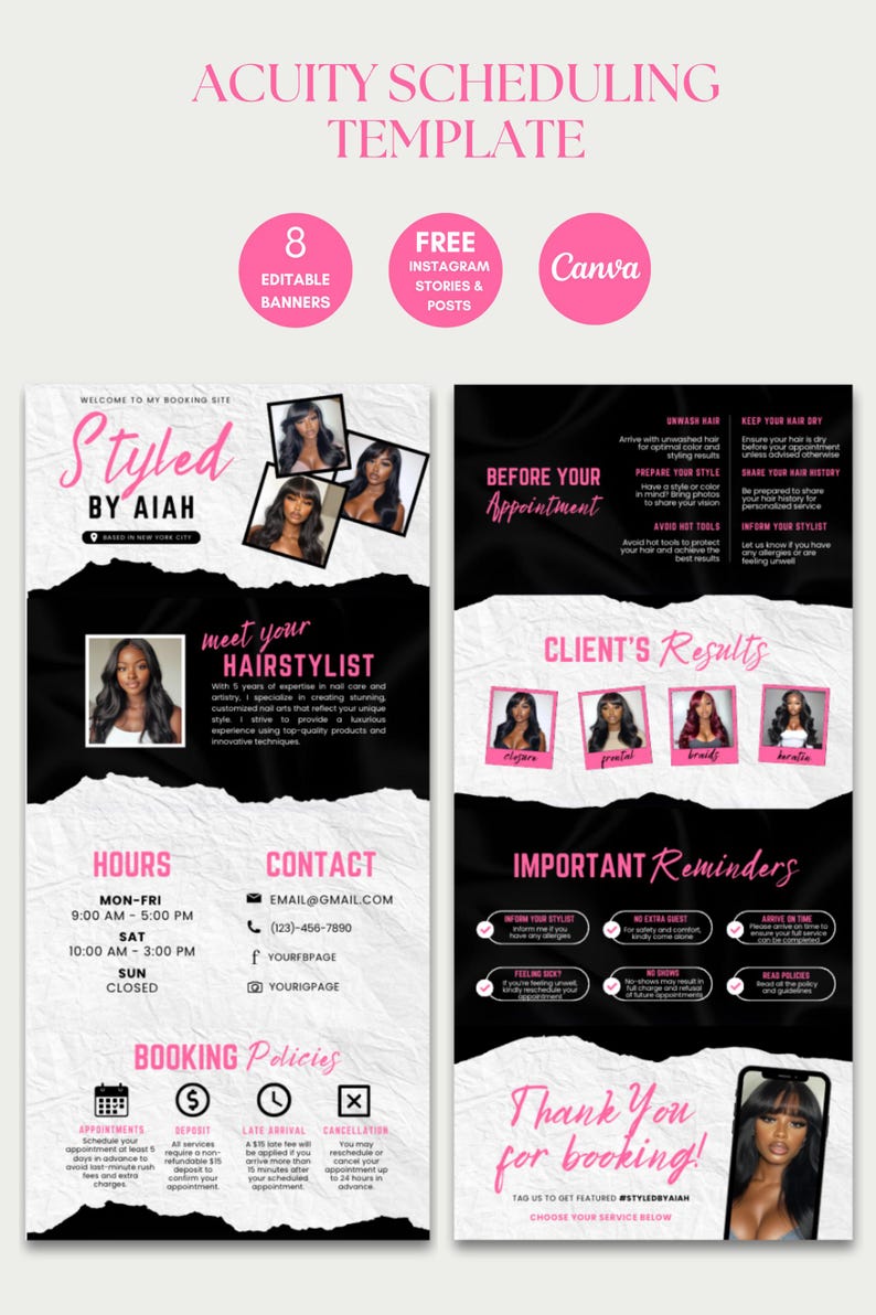 May include: A pink and black Acuity scheduling template with the text "Styled by Aiah." The template includes sections for booking policies, client results, and important reminders. It also features editable banners and Instagram stories.