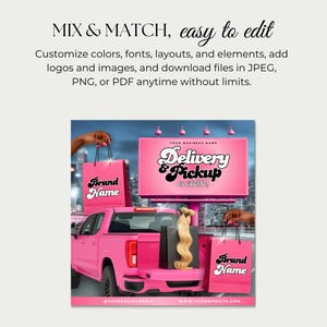 May include: A pink pickup truck with a billboard that reads "Delivery & Pickup available!" and shopping bags with "Brand Name" text. The image promotes customizable design elements for logos and images.