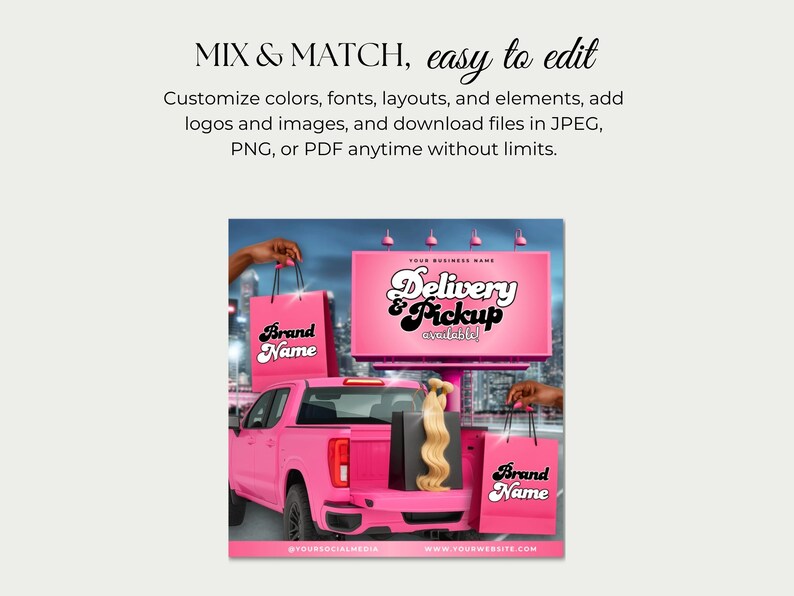 May include: A pink pickup truck with a billboard that reads "Delivery & Pickup available!" and shopping bags with "Brand Name" text. The image promotes customizable design elements for logos and images.