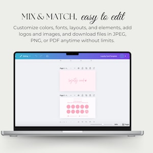 Puede incluir: Un port&aacute;til muestra una plantilla de tarjeta de fidelizaci&oacute;n con el texto "loyalty card" en rosa. Tambi&eacute;n se ve el texto "MIX & MATCH, easy to edit". La plantilla permite personalizar colores, fuentes, dise&ntilde;os y elementos.