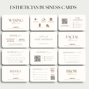 May include: A collection of esthetician business cards with a minimalist design. The cards feature text such as "Waxing," "Facial," and "Brow" services, along with contact information and a QR code. The cards are in a neutral color palette.