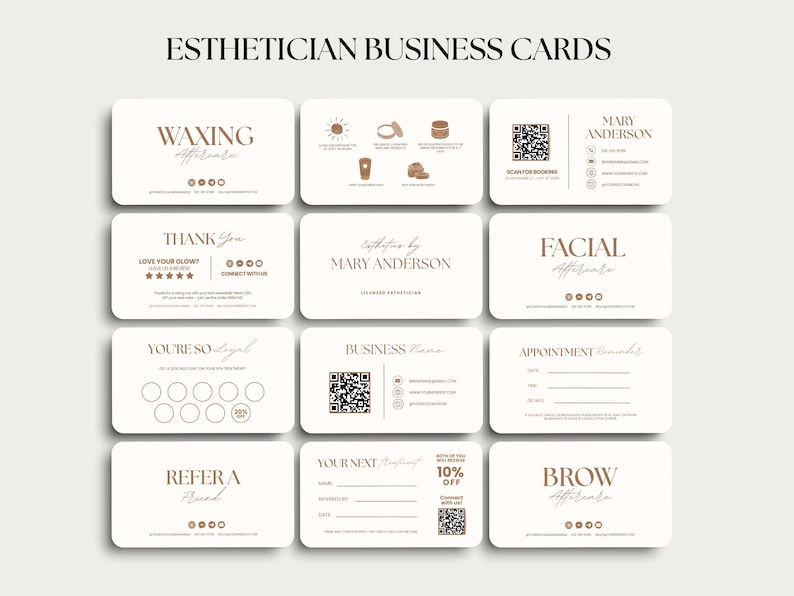 May include: A collection of esthetician business cards with a minimalist design. The cards feature text such as "Waxing," "Facial," and "Brow" services, along with contact information and a QR code. The cards are in a neutral color palette.