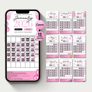 Pode incluir: Um ecrã de smartphone mostra um modelo de calendário rosa e branco para 2026, com o mês de janeiro visível. O design inclui o texto "Canva" e "12 modelos editáveis."