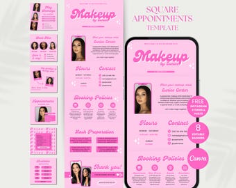May include: Pink and white square Instagram story template for a makeup artist. The template includes a photo of the makeup artist, their name, contact information, hours of operation, booking policies, and a thank you message. The template is designed to be used on Instagram stories and posts.