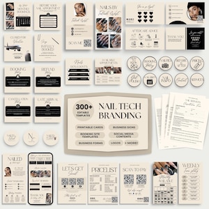 Könnte beinhalten: Eine Sammlung von Branding-Vorlagen für Nagelstudios, darunter Visitenkarten, Social-Media-Inhalte und Geschäftsvordrucke. Das Design verwendet eine neutrale Farbpalette mit schwarzem Text und Akzenten sowie eine Vielzahl von Symbolen und Layouts.