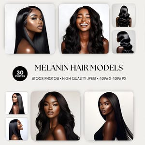 Op de afbeelding: Een verzameling van 30 stockfoto's met zwarte vrouwen met verschillende kapsels. De foto's zijn hoge kwaliteit JPEG's, met een resolutie van 4096 x 4096 pixels. De tekst "MELANIN HAIR MODELS" wordt in het midden van de afbeelding weergegeven.