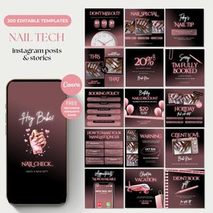 May include: A digital marketing graphic for nail technicians, featuring a smartphone with a nail design and the text "Hey Babe". The image includes 200 editable templates for Instagram posts and stories, with a pink and black color scheme.
