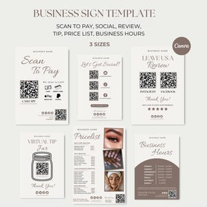 Puede incluir: Una plantilla de letrero comercial con códigos QR para pagos, redes sociales, reseñas y un bote de propinas virtual. Incluye una lista de precios y horarios comerciales. Los letreros están en una paleta de colores neutros.