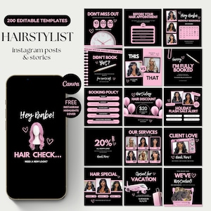 Puede incluir: Plantillas de Instagram en negro y rosa para estilistas, con texto como "Hair Check" y "Hey Babe!". Las plantillas incluyen varios diseños para publicaciones e historias, con elementos como relojes, calendarios e imágenes de productos para el cabello.