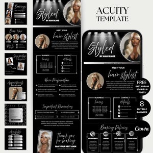 Peut inclure: Modèle numérique noir et blanc pour coiffeur, avec le texte "Styled by Aiah Blake". Comprend des informations de réservation, les heures d'ouverture, les coordonnées et des publications Instagram. Conçu pour être utilisé avec Canva.
