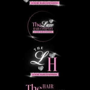 Puede incluir: Varios logotipos de "The Luxe Hair Company" se muestran sobre un fondo negro. Los logotipos presentan las palabras "The Luxe" en una fuente cursiva, con "HAIR COMPANY" debajo. Cada logotipo incluye el texto "LUXURY HAIR EXTENSIONS".