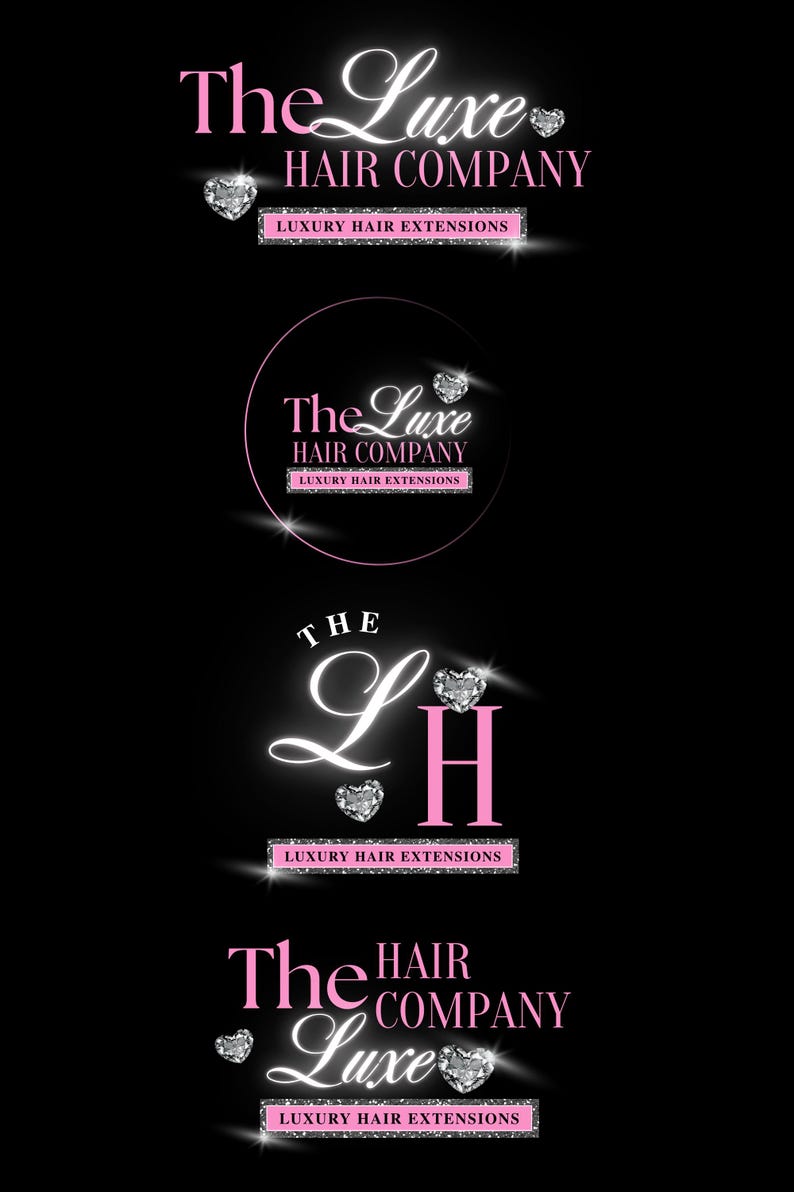 Puede incluir: Varios logotipos de "The Luxe Hair Company" se muestran sobre un fondo negro. Los logotipos presentan las palabras "The Luxe" en una fuente cursiva, con "HAIR COMPANY" debajo. Cada logotipo incluye el texto "LUXURY HAIR EXTENSIONS".
