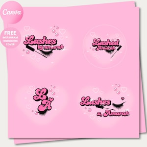Könnte beinhalten: Rosa Instagram-Highlight-Cover mit Wimpern-Logos. Die Logos zeigen den Text "Lashes by Amarah", "Lashed Amarah", "LA" und "Lashes & Amarah". Jedes Logo enthält eine Mascarabürste, Wimpern und Herz-Akzente.