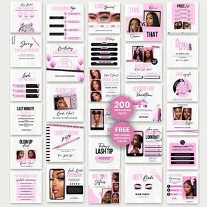 May include: A collection of 200 Instagram post templates for a lash business, featuring a consistent pink and white color scheme. The square graphics include text, photographs of people with eyelash extensions, and icons related to lash care.