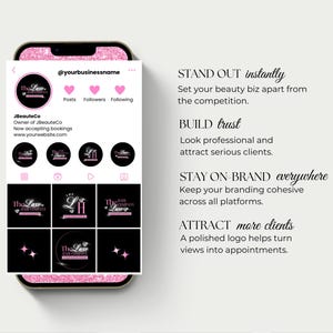 Puede incluir: Un smartphone rosa muestra un perfil de Instagram para "JBeauteCo", mostrando un logotipo y ejemplos de marca. El texto destaca los beneficios de un logotipo pulido, incluyendo atraer clientes y generar confianza. La pantalla del tel&eacute;fono est&aacute; rodeada por un dise&ntilde;o de purpurina rosa.