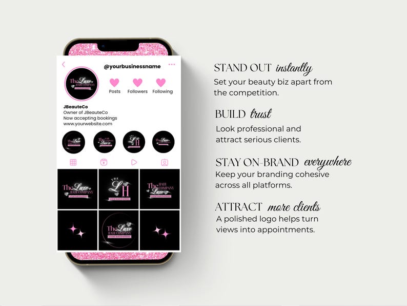 Puede incluir: Un smartphone rosa muestra un perfil de Instagram para "JBeauteCo", mostrando un logotipo y ejemplos de marca. El texto destaca los beneficios de un logotipo pulido, incluyendo atraer clientes y generar confianza. La pantalla del tel&eacute;fono est&aacute; rodeada por un dise&ntilde;o de purpurina rosa.