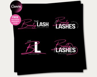 Puede incluir: Cuatro variaciones de un logotipo de marca de belleza se muestran sobre un fondo negro. Los logotipos presentan las palabras "The Beauty Lash Collection" en una fuente rosa cursiva, con la palabra "LASHES" en una fuente blanca en negrita. Un círculo rosa con la palabra "Canva" está en la esquina superior izquierda.